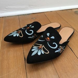 Black Suede Embroidered Mules
